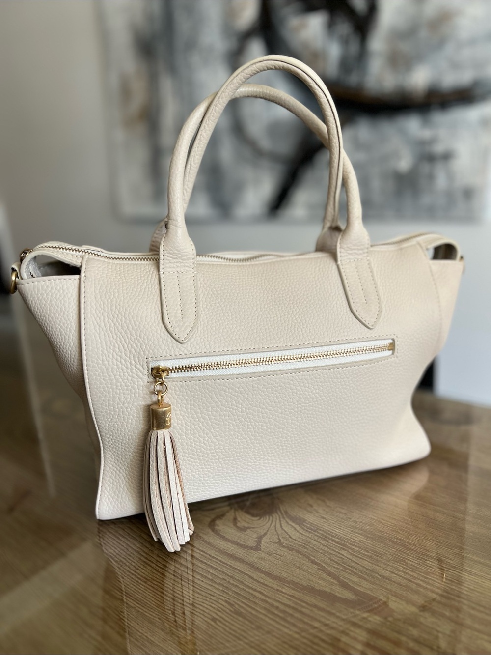 Cream Leather Tote Bag with Tassel Gigi New York
